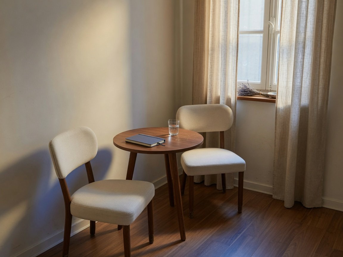 Sala de conversación vacía, preparada para una consulta reservada.